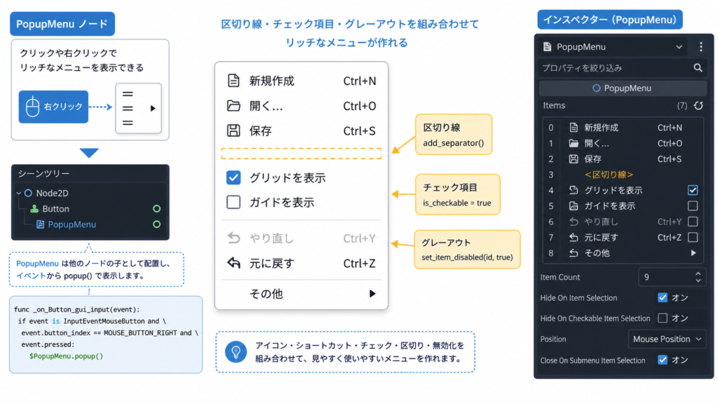 PopupMenu の区切り線・チェック項目・グレーアウト項目の構成例