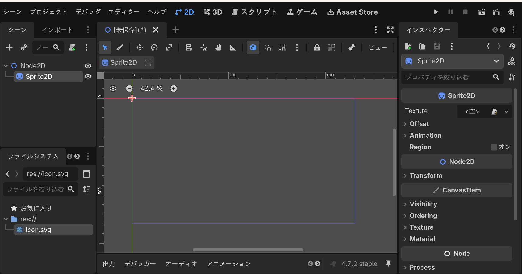Sprite2Dを置いただけの状態。インスペクターのTextureが空欄になっていて、ビューポートには何も表示されていない