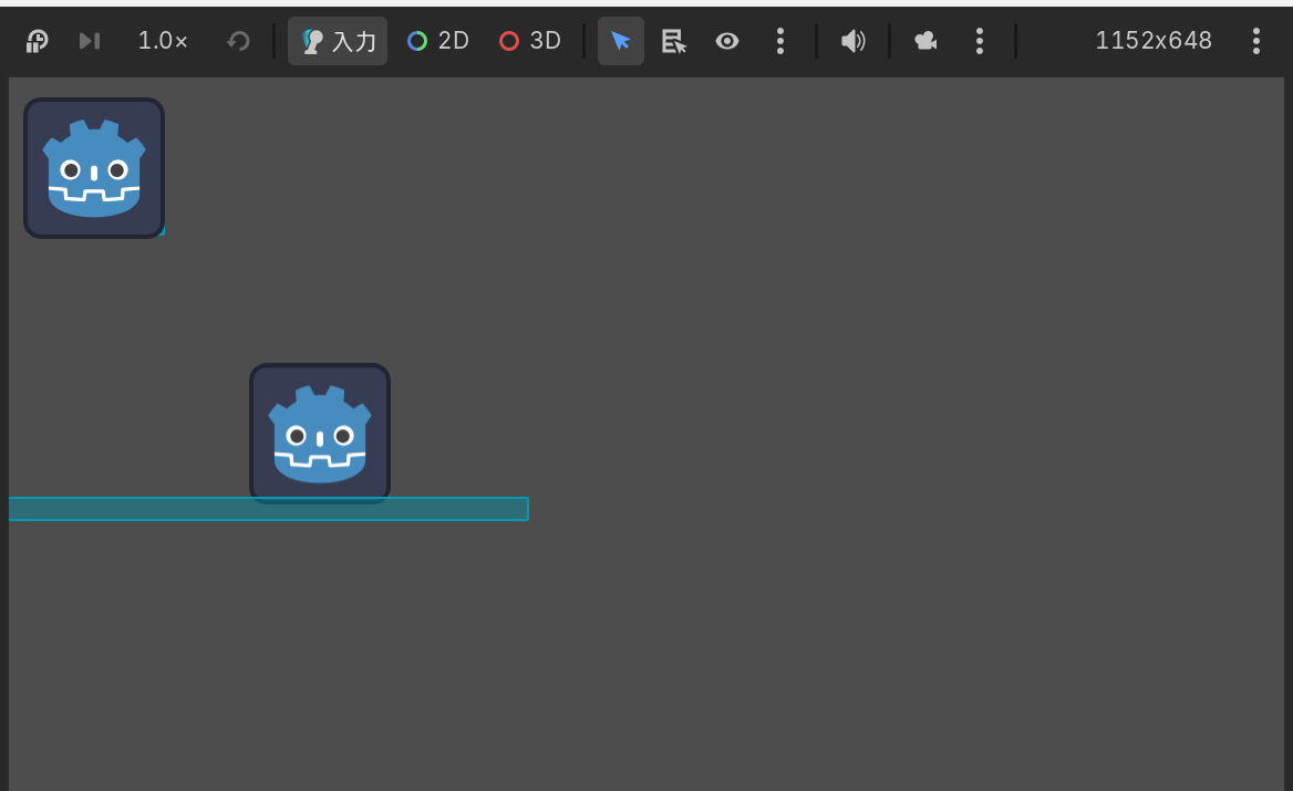 スクリプトなしで実行した画面。右のRigidBody2Dだけが床の上に落ち、左のCharacterBody2Dは画面の上のほうに止まっている