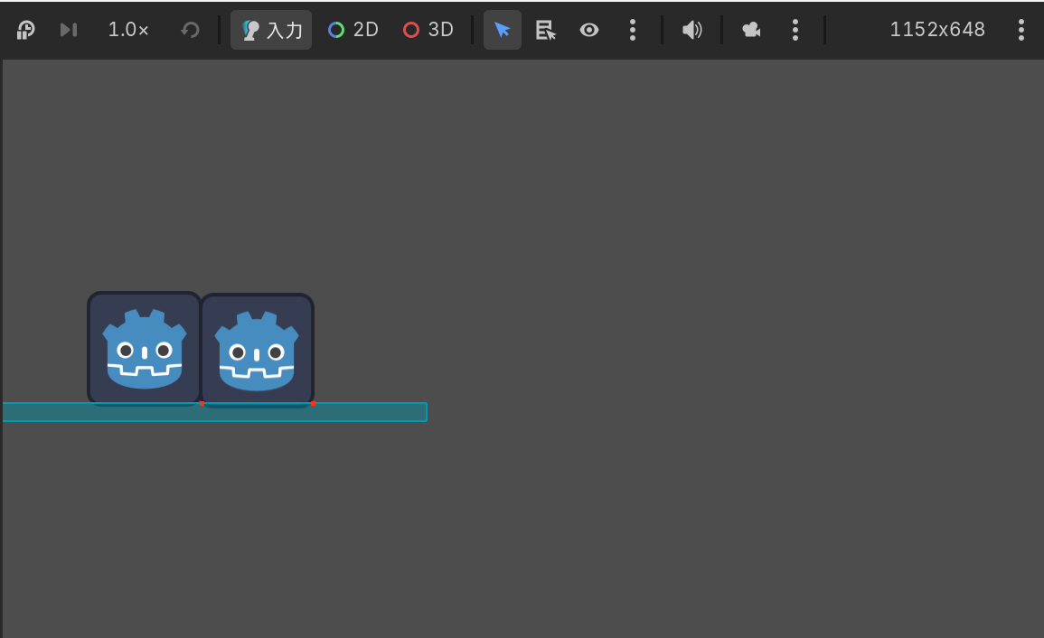 CharacterBody2Dを右に動かしてRigidBody2Dにぶつけた実行画面。2つのボディが床の上で横に並んで接している