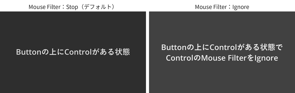 Mouse FilterがStopとIgnoreのときにボタンへマウスを乗せた状態の比較。Ignoreの方はボタンの背景が明るくなっている